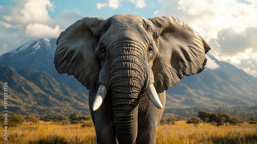 Fototapeta premium A close-up of an elephant with a breathtaking mountain range in the distance.