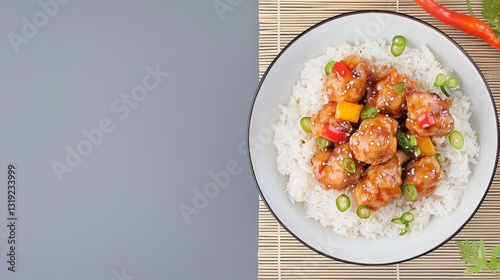 Overhead Shot of Sweet and Sour Glazed Chicken with Rice