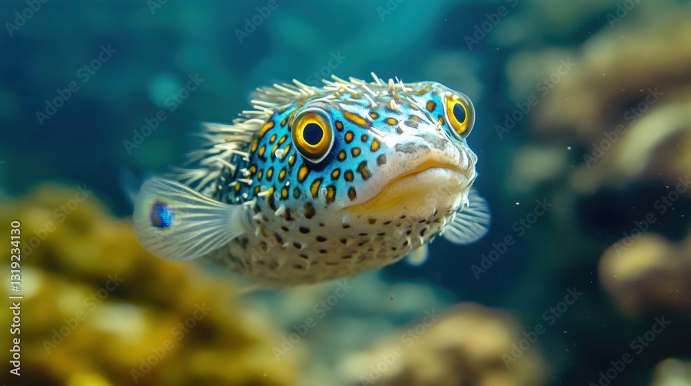 Obraz premium A close-up of a pufferfish with iridescent blue and yellow markings floating near the seabed.