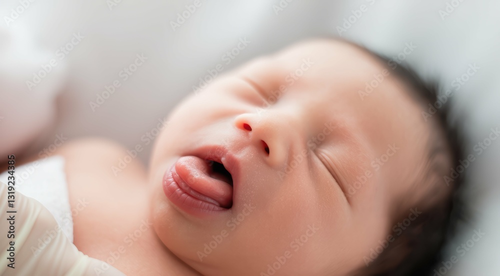 A peaceful sleeping newborn with a playful expression. A peaceful sleeping newborn with a playful expression.