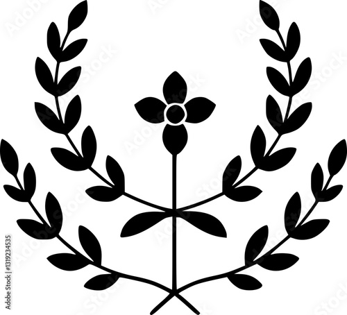 Monochrome illustration of a laurel wreath with rounded flowers in black and white decorative design