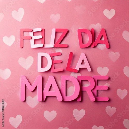 Feliz Dia de la Madre, Happy Mother's Day invitation card. Greeting card with pink background and red hearts, bold pink text and pink love heart pattern gradient background. 