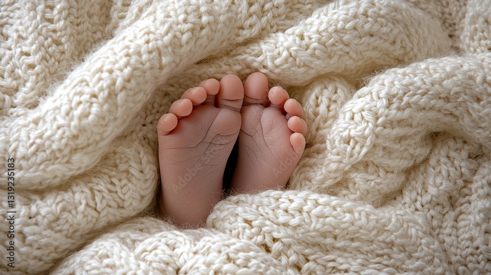 Tiny Baby Feet Nestled in Soft Cozy Cream Knitted Blanket Tiny Baby Feet Nestled in Soft Cozy Cream Knitted Blanket