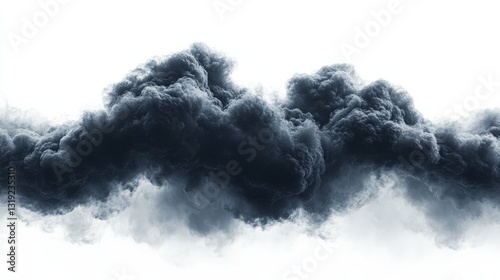Wispy black cloud with soft gradients, abstractly floating on a white minimalist canvas 