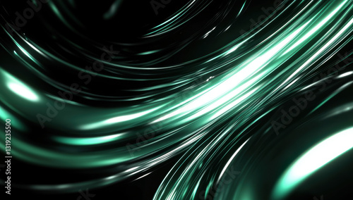Shimmering green and silver abstract waves create dynamic visual effect, evoking sense of movement and fluidity in dark background