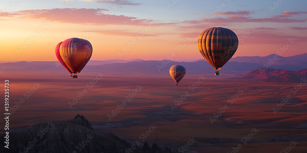Naklejka premium Glowing Hot Air Balloons Floating Above an Expansive Landscape for a Dreamy Aerial View