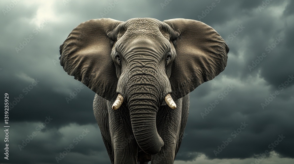 Fototapeta premium A dramatic portrait of an elephant standing against a stormy sky, with dark clouds rolling in.