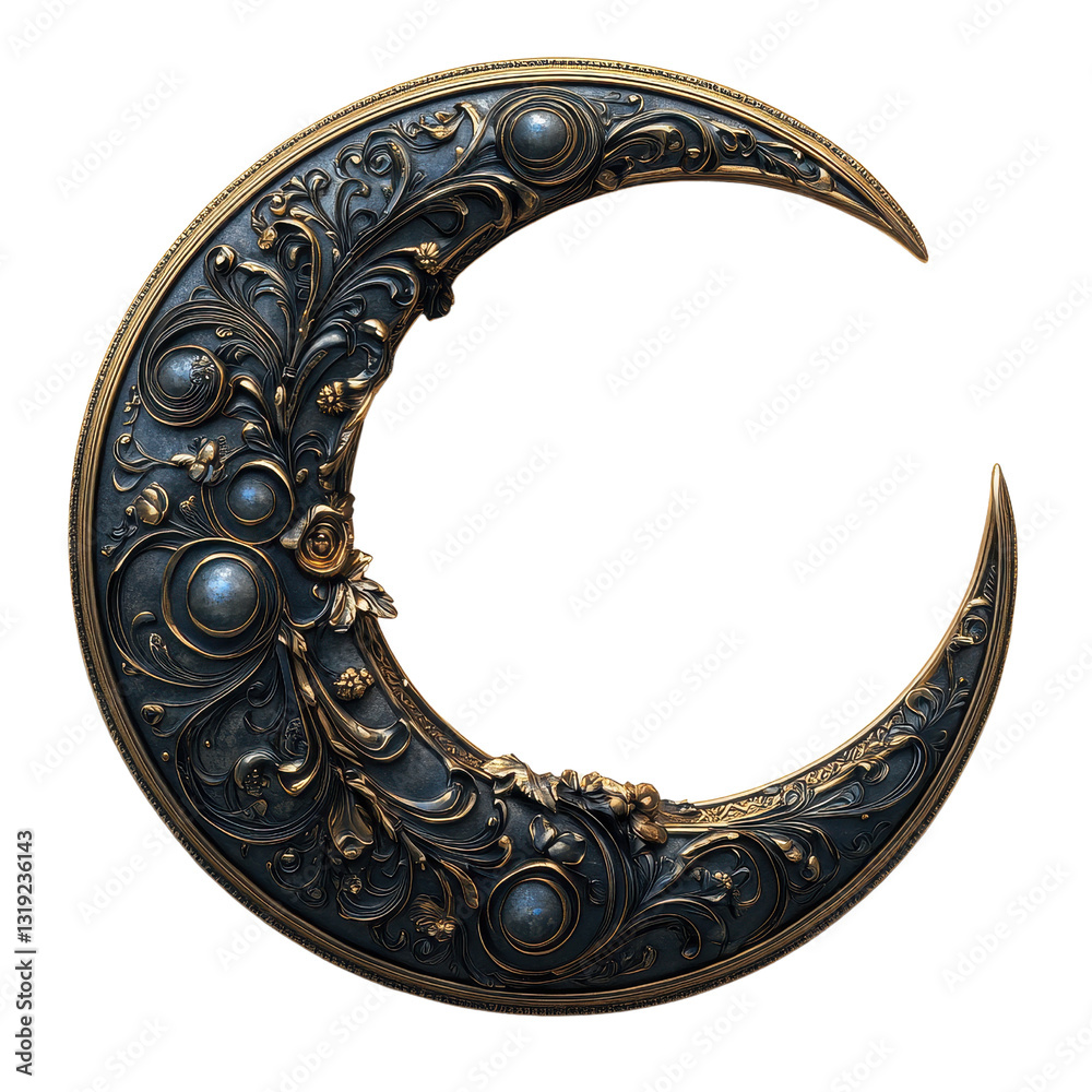 Fototapeta premium Moon ornate carved design isolated on transparent background.