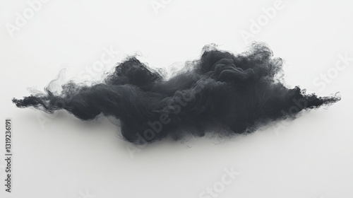 Wispy black cloud with soft gradients, abstractly floating on a white minimalist canvas 