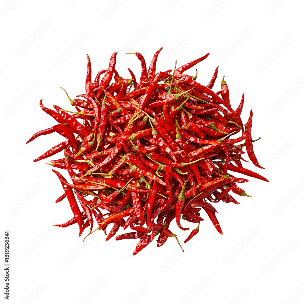 Naklejka premium A vibrant pile of red chili peppers showcasing their glossy texture and vivid color. isolated on white background and transparent background