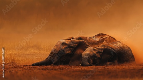 A family of elephants taking a dust bath in the dry savanna, their bodies covered in a thin layer of reddish-brown dirt.