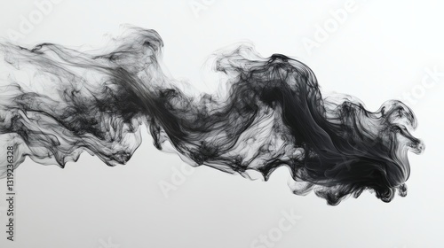Wispy black cloud with soft gradients, abstractly floating on a white minimalist canvas 
