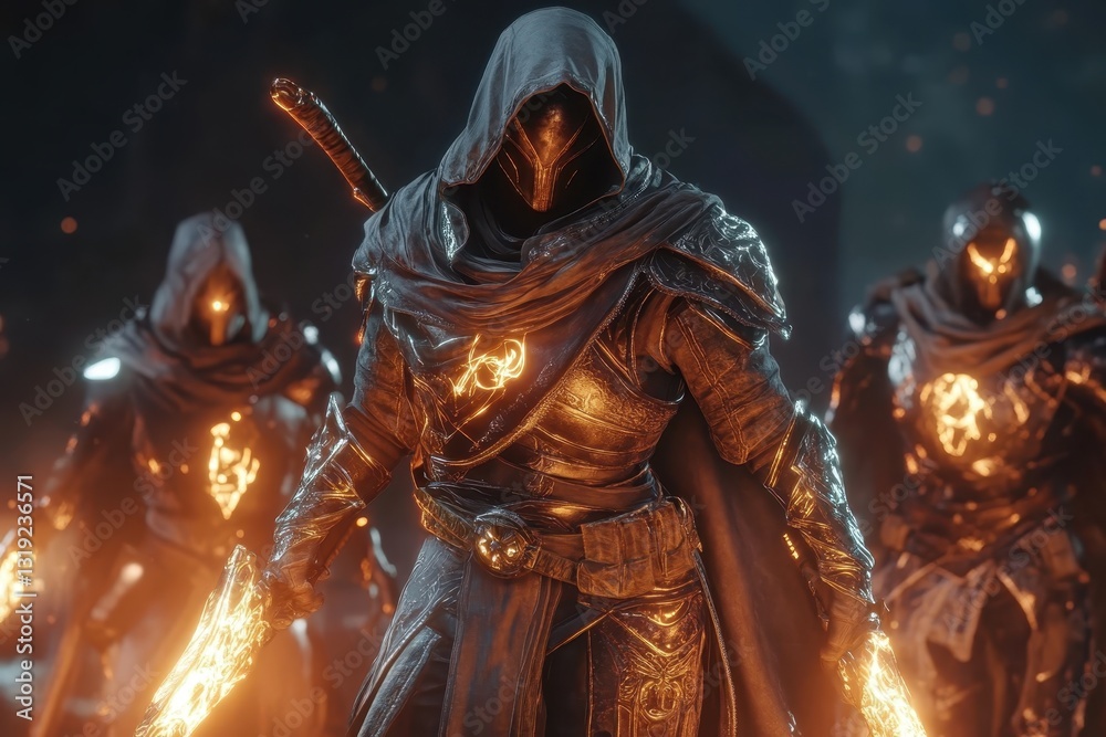 Fototapeta premium Team of powerful fantasy warriors standing together with glowing swords