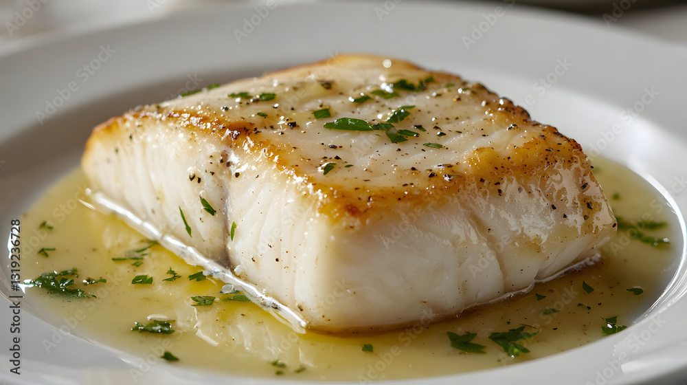 Elegant Pan-Seared Halibut Fillet Plated with Herbs and Drizzled with Sauce Elegant Pan-Seared Halibut Fillet Plated with Herbs and Drizzled with Sauce