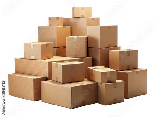 stack of cardboard boxes for moving and shipping isolated on white background photo