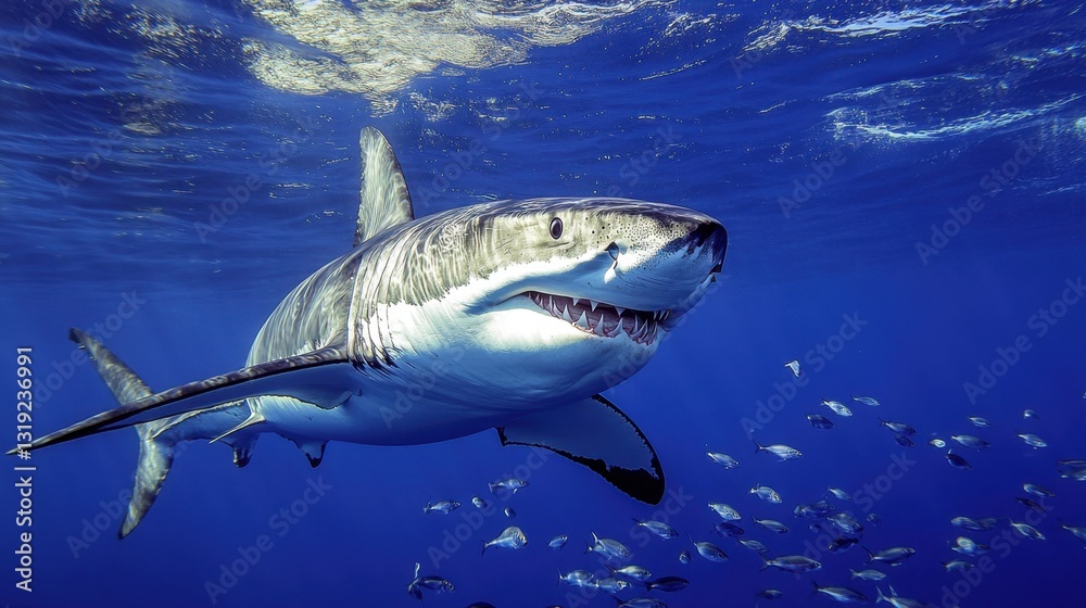 Fototapeta premium A great white shark cruising through the ocean depths, surrounded by small fish.