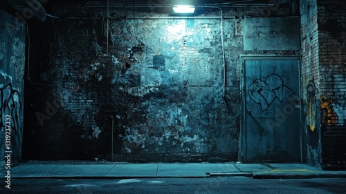 Empty dark urban alley at night with graffiti and metal door. Grungy decaying brick wall in a dark alley at night, illuminated by a single overhead light
