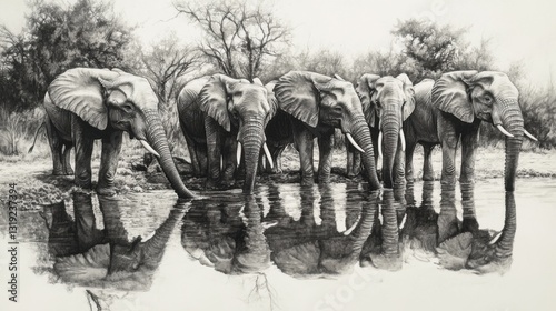 A group of elephants drinking water at a watering hole, their reflections shimmering in the calm surface.