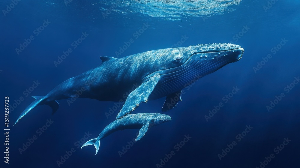 Fototapeta premium A heartwarming moment of a baby blue whale following closely beside its mother in the deep ocean.