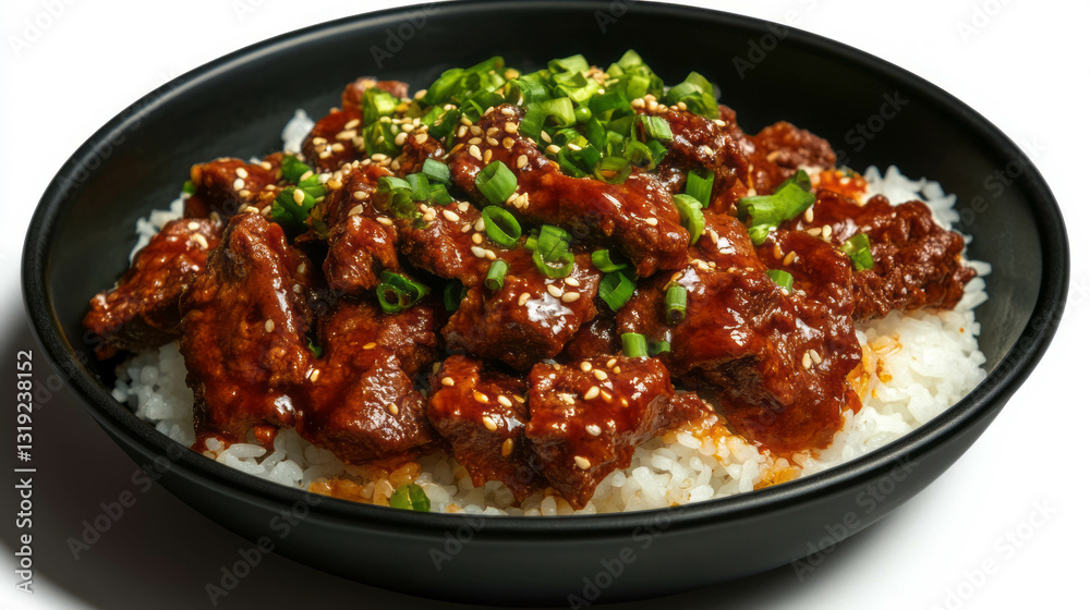 Delicious mongolian beef and rice garnished with sesame seeds and chives on white background Delicious mongolian beef and rice garnished with sesame seeds and chives on white background