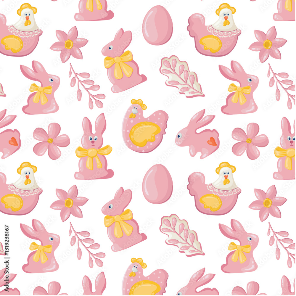Happy Easter pattern of lovely pink elements from eggs, bunnies, chickens, flowers, twigs, cakes and bows. Vector Easter holiday seamless background for designing a card and invitation to a holiday. Happy Easter pattern of lovely pink elements from eggs, bunnies, chickens, flowers, twigs, cakes and bows. Vector Easter holiday seamless background for designing a card and invitation to a holiday.