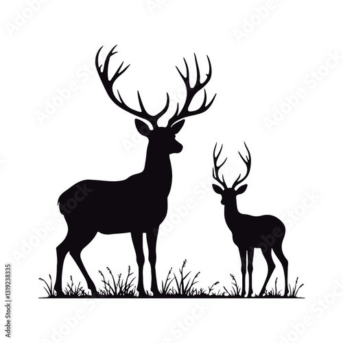 Stunning black silhouettes of various deer´s  kind  roe, female, and male wild deer
