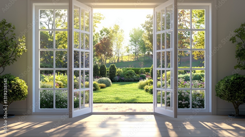 Fototapeta premium Bright Open Doors Leading to a Serene Garden with Lush Greenery and Sunlight