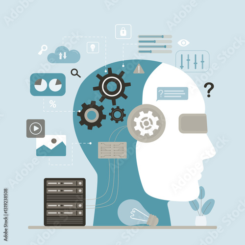 Giant cyborg head. Artificial intelligence, machine learning, chat bot training. Rpa, Robotic process automatization, Ai. Neural network training and development.
