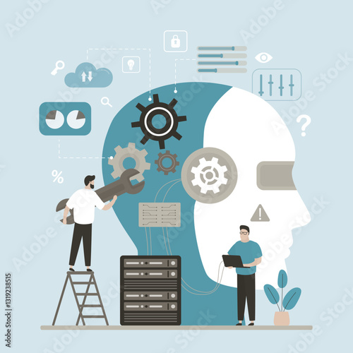 Business characters with tools at huge cyborg head. Artificial intelligence, machine learning, chat bot training. Rpa, Robotic process automatization, Ai. Neural network training