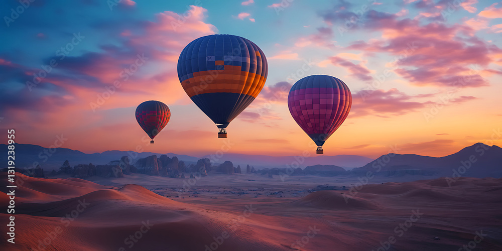 Fototapeta premium Glowing Hot Air Balloons Floating Above an Expansive Landscape for a Dreamy Aerial View