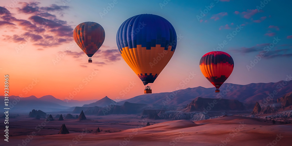 Naklejka premium Glowing Hot Air Balloons Floating Above an Expansive Landscape for a Dreamy Aerial View