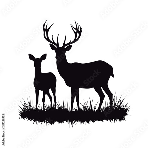 Stunning black silhouettes of various deer´s  kind  roe, female, and male wild deer
