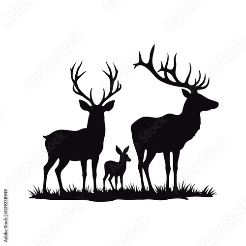 Stunning black silhouettes of various deer´s  kind  roe, female, and male wild deer
