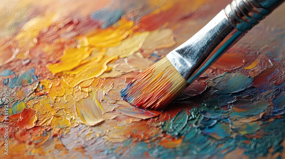Fototapeta premium Brushstrokes of Creativity: A close-up shot showcases a painter's brush laden with vibrant oil paint gliding across a canvas, transforming the surface into a tapestry of colorful textures.