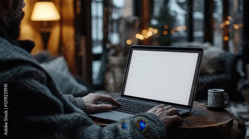 Freelancer working from home on laptop with blank screen in cozy winter interior. Man is typing on laptop with blank mockup screen in cozy winter decorated home office interior