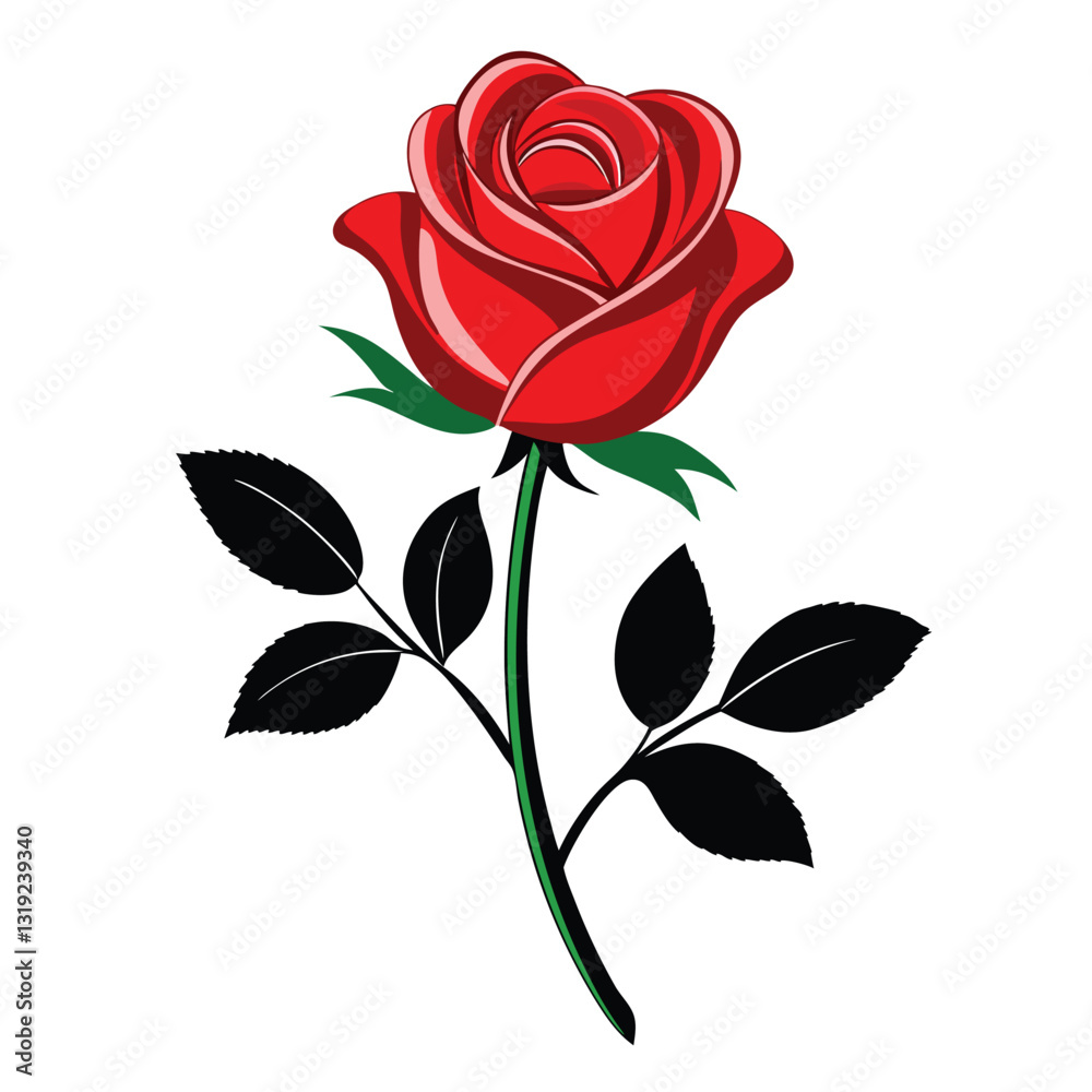 Fototapeta premium A silhouette illustration of a rose flower with a stem and leaves on a white background 