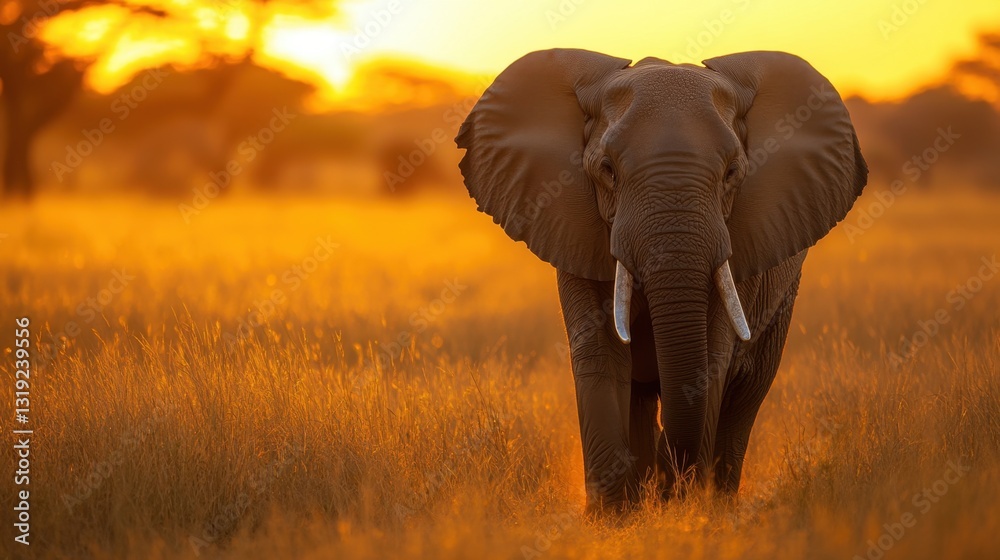 Obraz premium A majestic wild elephant walking through the African savanna at sunset, with golden light casting a warm glow on its wrinkled skin.