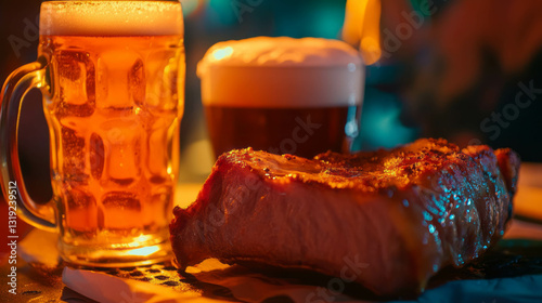 Bavarian schweinshaxe and beer under warm lighting for oktoberfest celebration photo
