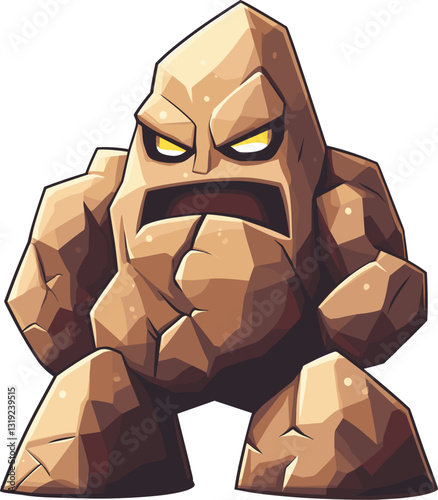 Strong stone creature stands confidently in a heroic pose cartoon isolated on transparent background. Vector illustration.