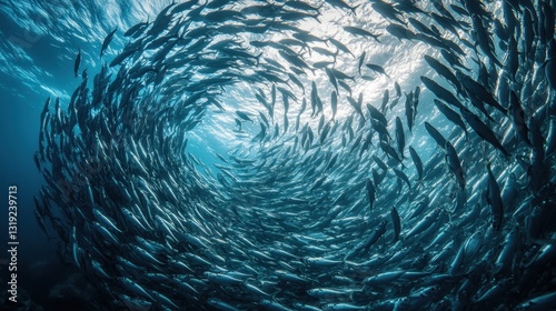 A massive school of sardines forming a swirling tornado shape as they move in harmony.