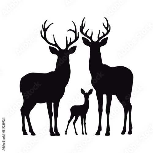 Stunning black silhouettes of various deer´s  kind  roe, female, and male wild deer
