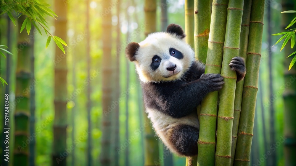 Obraz premium A playful young panda cub embraces a cluster of vibrant green bamboo stalks, sunlight filtering through the dense forest canopy