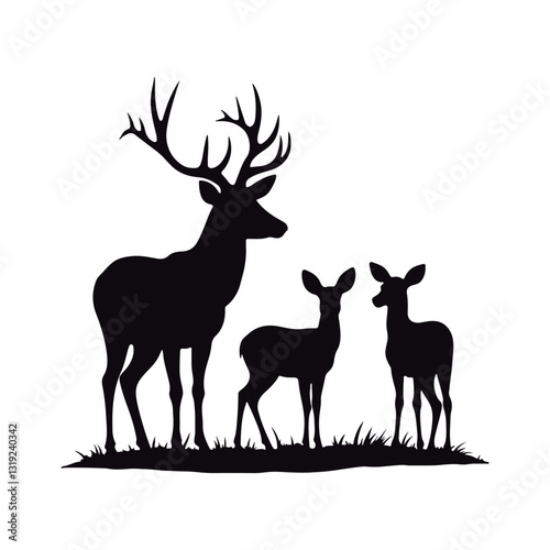 Stunning black silhouettes of various deer´s  kind  roe, female, and male wild deer

