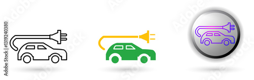 Electric Car icon displays smart vehicles based on technology and digital innovation. Available in outline, solid, and glossy effects, ideal for smart city applications, future city industries etc.