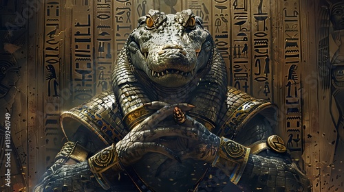 Anthropomorphic crocodile god in golden armor before hieroglyph wall