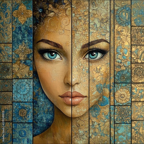 Woman gazing with blue eyes, emerging from golden and blue mosaic. Artistic portrait of a woman with captivating blue eyes, her face partially integrated into a mosaic of gold and blue floral patterns