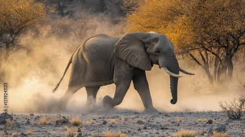 A powerful elephant walking across a dry desert landscape, dust swirling around its massive feet.