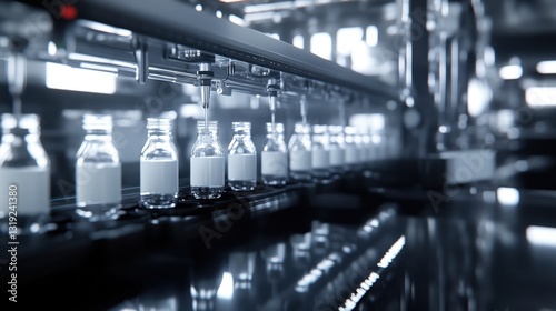 A row of milk bottles being filled in an automated dairy processing plant, with a clean and sterile environment in the background.