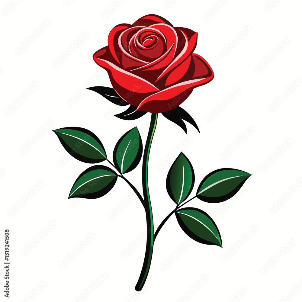 Fototapeta premium A silhouette illustration of a rose flower with a stem and leaves on a white background 