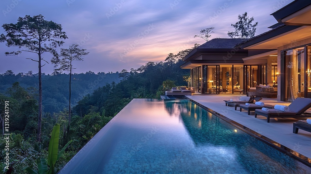 Modern luxury villa with infinity pool and mountain view during sunset Modern luxury villa with infinity pool and mountain view during sunset